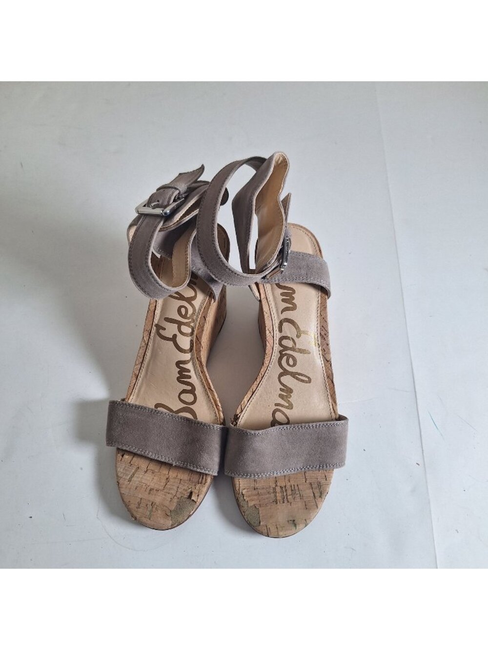 Sam Edelman Willow Gray Suede Cork Wedge Ankle Strap Sandals size 7.5